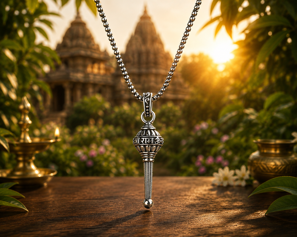 Silver Plated Lord Hanuman Gada Shri Ram word in Hindi Pendant Locket Men