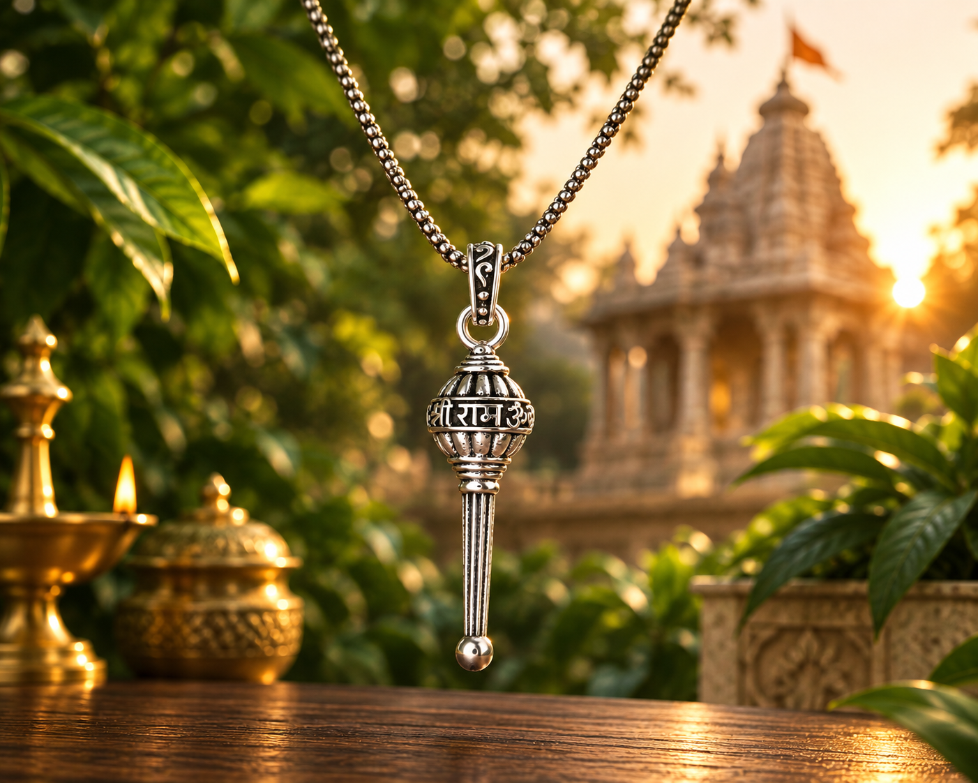 Silver Plated Lord Hanuman Gada Shri Ram word in Hindi Pendant Locket Men