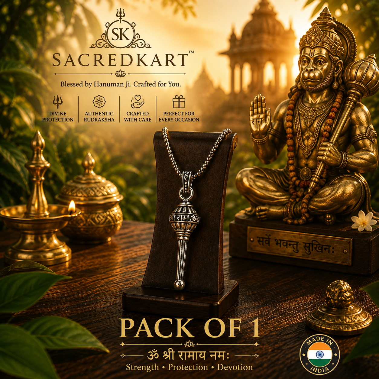 Silver Plated Lord Hanuman Gada Shri Ram word in Hindi Pendant Locket Men
