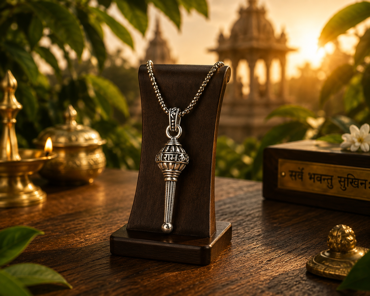 Silver Plated Lord Hanuman Gada Shri Ram word in Hindi Pendant Locket Men